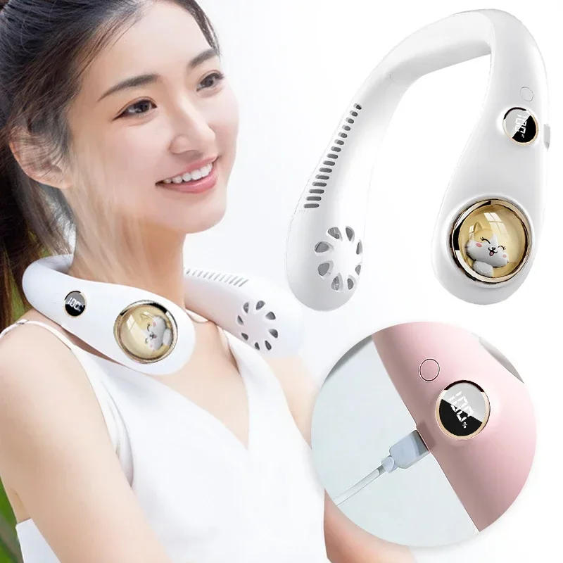 Description Picture 4 of itemNew Hanging Neck Fan USB Charging Lazy Man Portable Cartoon Small Fan Student Sports Leafless Hanging Neck Fan