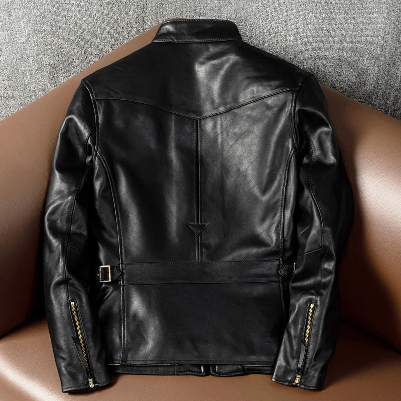 Description Picture 4 of itemYR!Free shipping.Wholesales black slim fit Classic rider style real leather coat.J100 soft sheepskin jacket.Men fashion cloth
