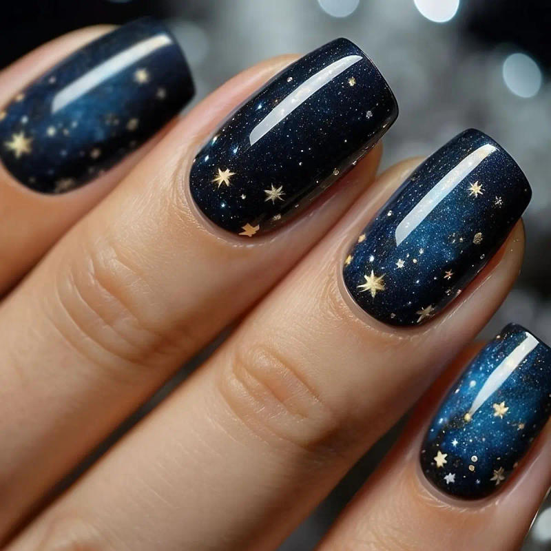 Description Picture 3 of item24Pcs Starry Press on Fake Nails Wearable Short Square False Nails Fashion Cartoon Nail Tips with Jelly Glue Full Cover Nail Art