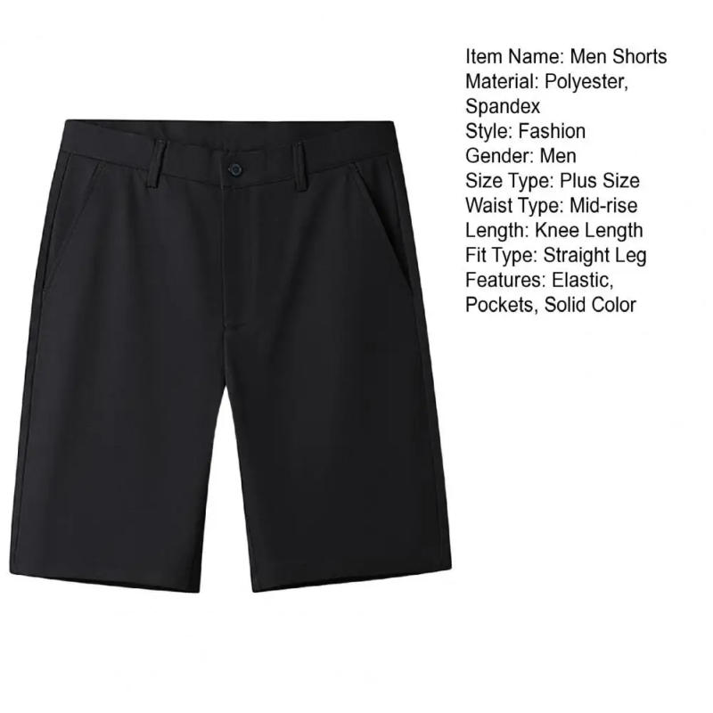 Description Picture 3 of itemRegular Fit Men Shorts Men's Solid Color Suit Shorts with Pockets Zipper Fly Elastic Waistband Casual Golf Shorts for Daily Wear