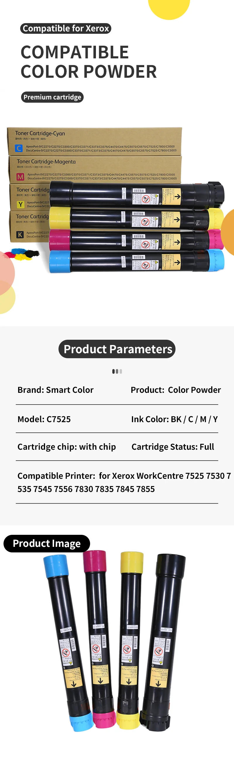 Description Picture 2 of itemC7525 Compatible Color Powder Copier Toner Cartridge C7525 for Xerox WorkCentre 7525 7530 7535 7545 7556 7830 7835 7845 7855