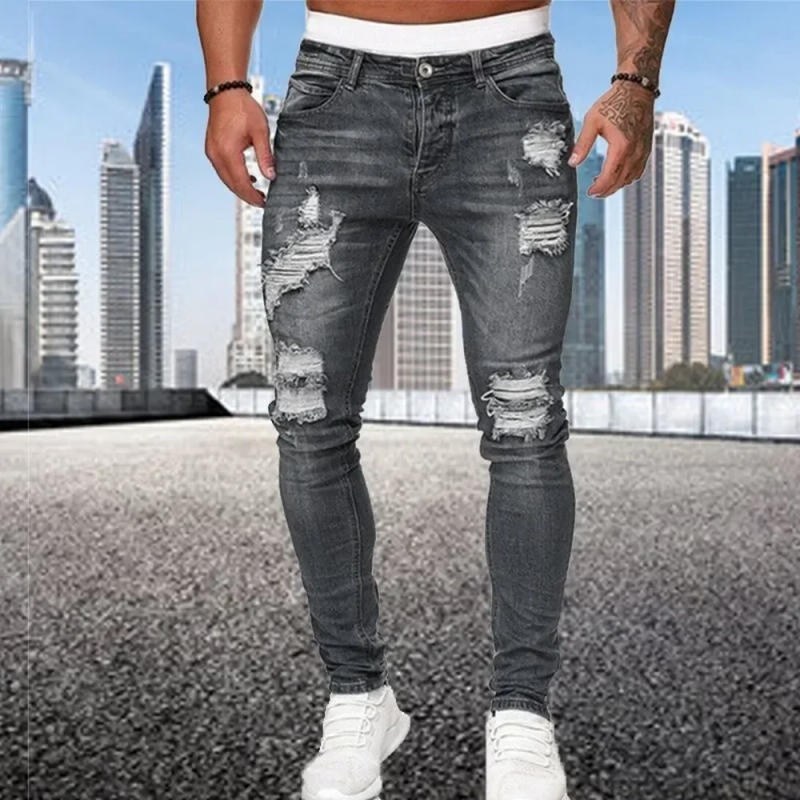 Description Picture 5 of item2024 New Retro Ripped Pencil Small Foot Skinny Jeans for Men Motorcycle Streetwear Stretch Straight Casual Slim Jeans Male
