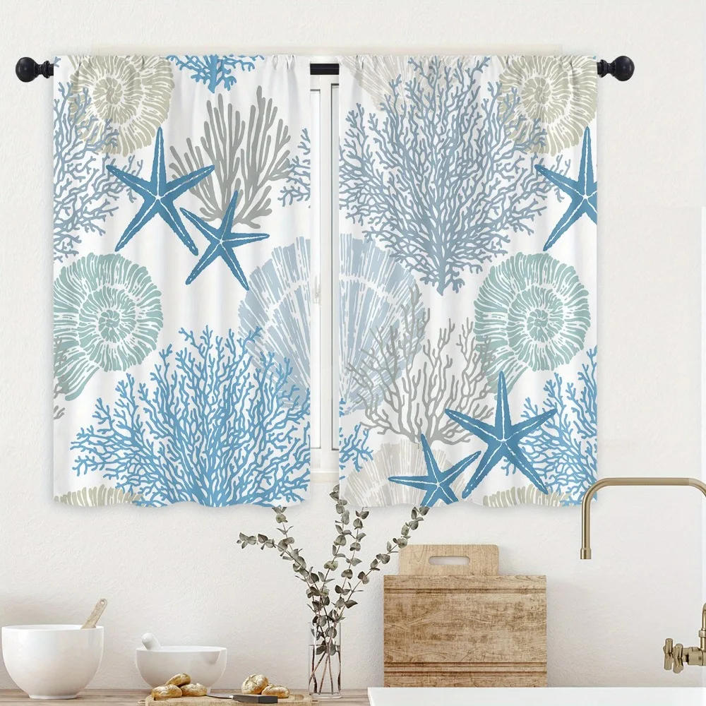 Description Picture 6 of item2Pcs Beach Coastal Starfish Kitchen Curtain Nautical Summer Window Treatment for Living Room Home Decor Cafe Cabinet Decoration