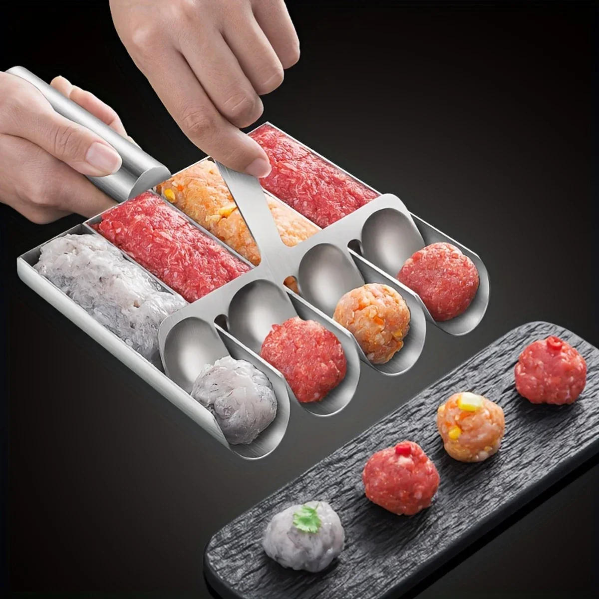 Description Picture 4 of item1PC 1/2/3/4Slot 304 Stainless Steel Meatball Maker Home To Do Fish Ball Shrimp Sliding Mold Rice Ball Meat Dish Scoop