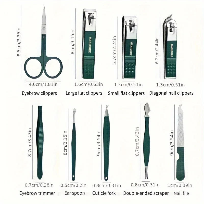 Description Picture 4 of itemGreen 9 Pcs Manicure Set With Leather Case Professional Foot And Face Care Tool Kits Stainless Steel Nail Clipper Sets Gift