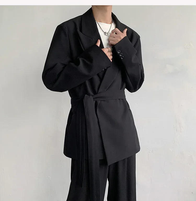 Description Picture 3 of itemTrendy Men's Blazers Korean Style Waist Lace-up Suit Jacket Solid Color Lapel 2023 Spring New Fashion Male Clothing 9A7638