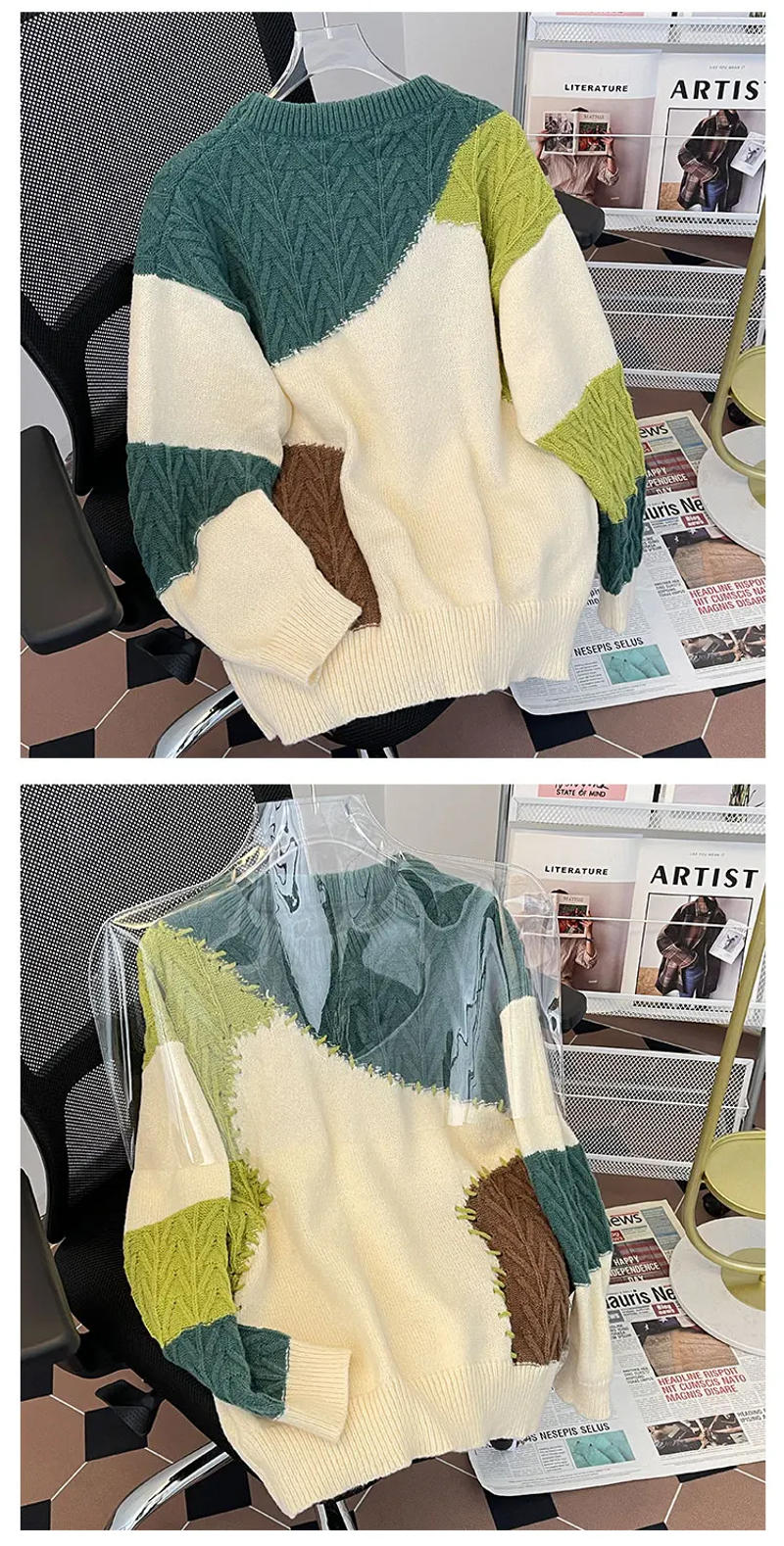 Description Picture 4 of item2024 Autumn Winter Men Retro Contrast Color Sweater Top Mens Loose Round Neck Pullover Tops Male Long Sleeve Knit Jumpers S141