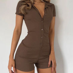Solid Button Up Turn Down Collar Short Sleeve Slim Ribbed Rompers Womens Playsuit Basic Vintage Casual Summer Shirts