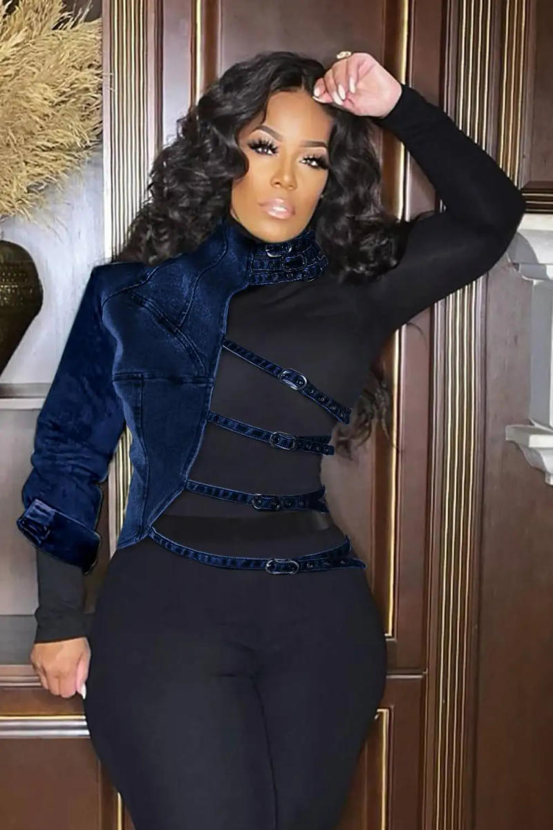 Description Picture 4 of itemFashion Novelty Denim Jackets One Shoulder Sexy Casual Streetwear Plus Size Blue Denim Bra Jacket Outwear Tops-ONLY DENIM PART