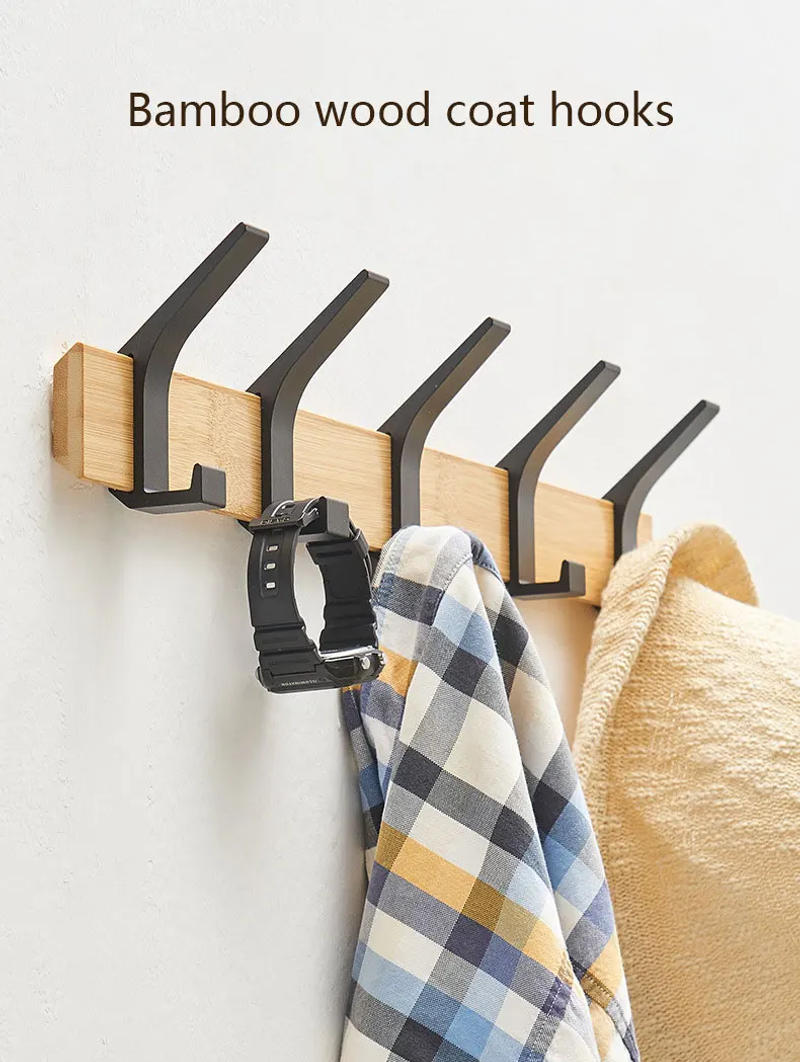 Description Picture 2 of itemBamboo Wall Mounted Coat Rack with Hooks and Shelf Nordic Fashion Hanger for Clothes Keys Hats Furniture Living Room Decor