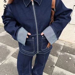 Denim Woman Trousers Two-piece Set Zipper Pockets Revers Sleeve Coats Basic Straight crimping Hem Jeans Casual Lady Outfits