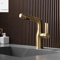 Brush Gold Bathroom Faucet Gray Pull Out Basin Cold And Hot Water Mixer Sink Tap Single Handle Deck Mounted
