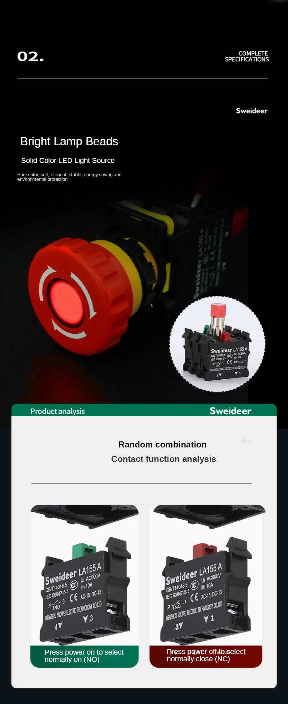 Description Picture 6 of item22mm Mushroom Emergency Stop Button Switch with Light Emergency Stop Power Switch Control Electrical Starter Switch 220V 10A NC