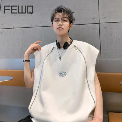 FEWQ Men Shoulder Pad T-shirt Darkwear Summer New Top Zipper Design 2024 Metal Decoration Sleeveless Vest Korean Fashion