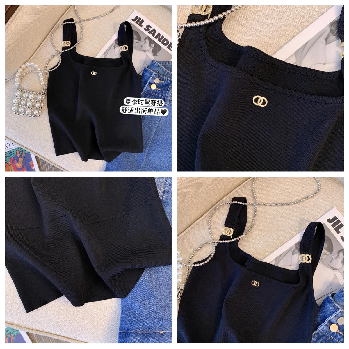 Description Picture 3 of itemSmall Diamonds Short Tank Top Slim Fit Black Sleeveless Top Sweet and Hot Style, Hanging Strap for Women's Outwear Vest Tees