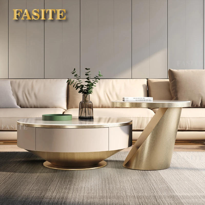 Description Picture 3 of item2pcs Modern Gold White Round Marble Coffee Table Set Wooden Furniture Luxury Center Table For The Living Room