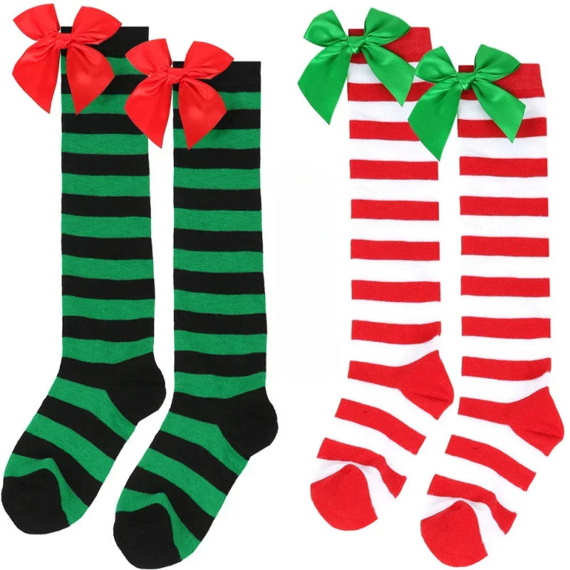 Description Picture 2 of itemChristmas Bow Socks Girls Autumn Winter Stockings Sweet Princess Long Sock Children's Striped Long Socks Xmas Hosiery Ideal Gift