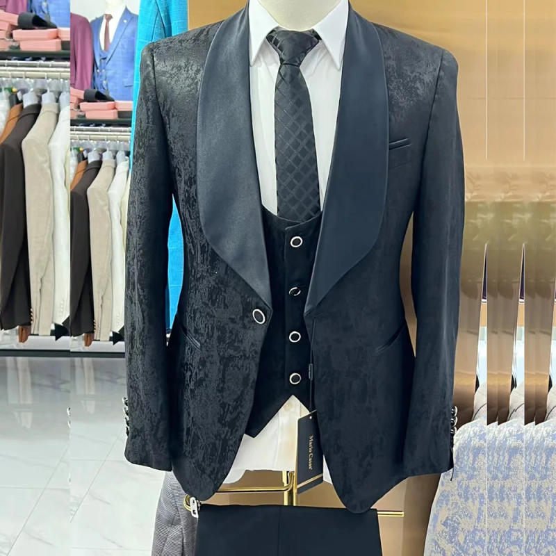 Description Picture 5 of itemFormal Wedding Male Clothing Shawl Lapel One Button Jacquard Fabric SliM Fit 3 Piece Jacket Pats Vest Blazer Men's Suits Terno
