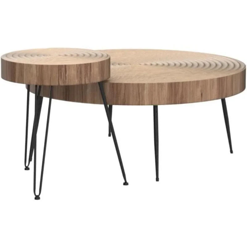 Description Picture 5 of itemFarmhouse Round Coffee Table Set of 2, Cocktail Table Set, Modern Circle Natural Wood Finsh Side and End Table Sets