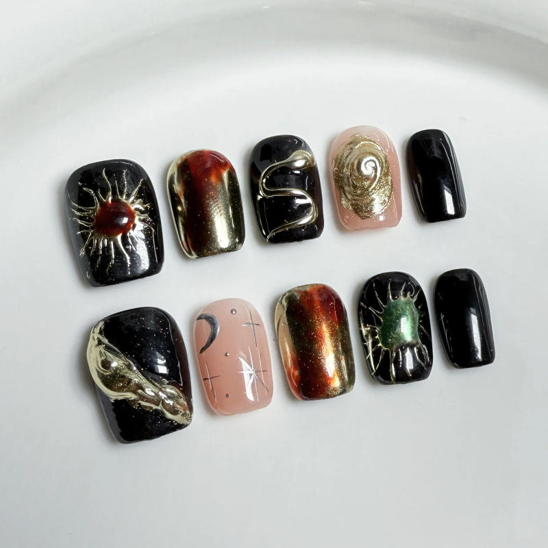 Description Picture 5 of item10Pc Black Handmade Fake Nails Embossed Gold Pattern Design Nail Art Dark Y2k False Nails Short Square Nail Tips with Jelly Glue