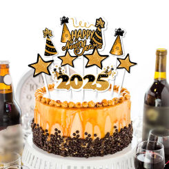 Black Gold Happy New Year 2025 Cake Toppers Set Glitter Star Cupcake Toppers New Year Cake Decoration Christmas Party Supplies
