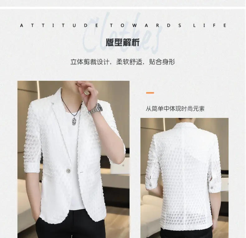 Description Picture 3 of itemSummer Quarter Sleeved Suit Jacket for Men's Thin Casual Business Blazers Hollow Out Sexy Stage Performance Hairstylist Coats
