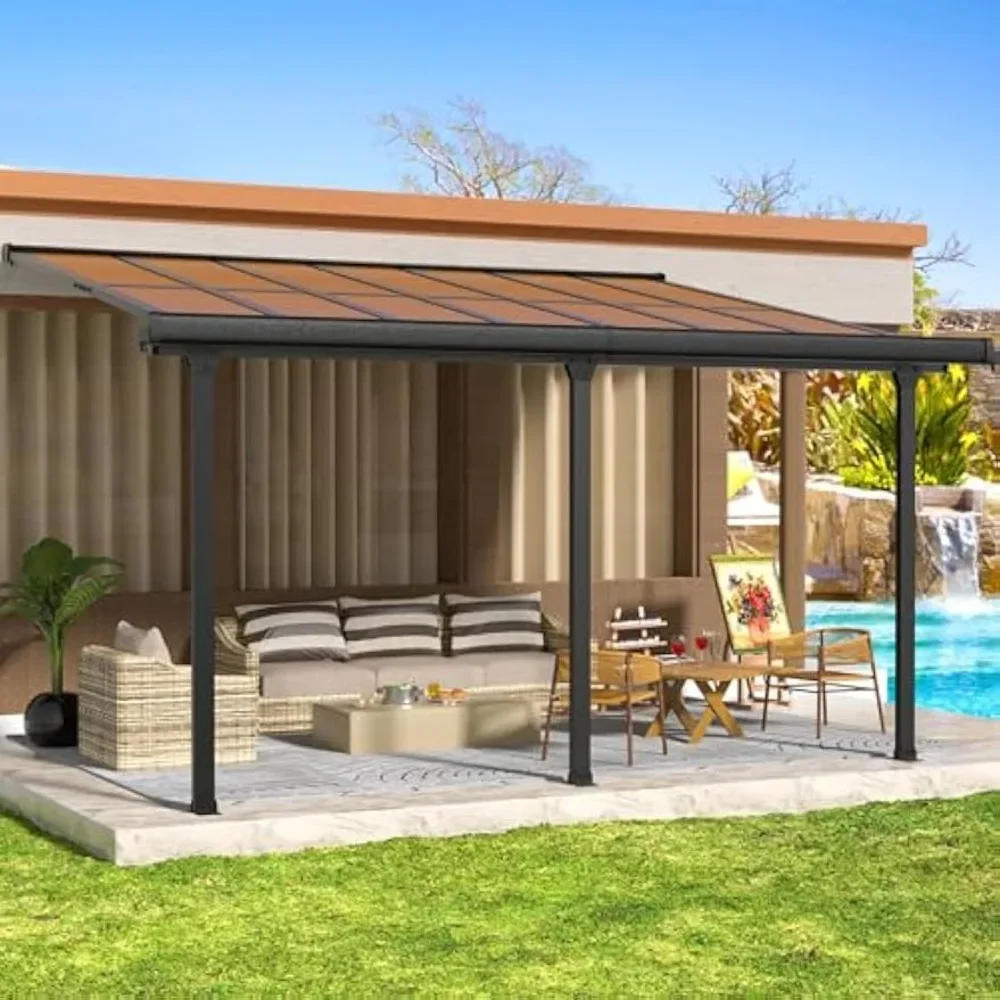 Description Picture 2 of itemAdjustable Wall-Mounted Gazebo, PC Panel Roof Outdoor Pergola with Drainage Holes & Aluminum Frame, Outdoor Patio Lean