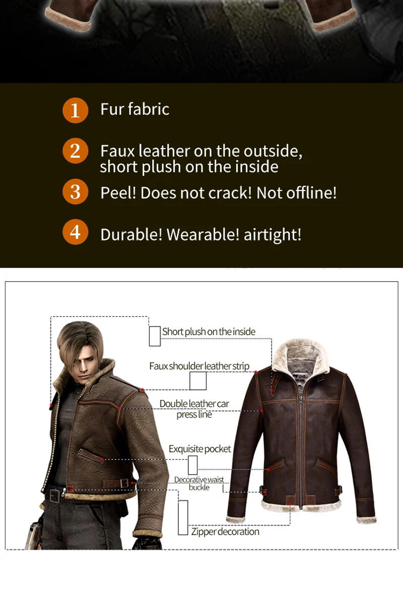 Description Picture 5 of itemResident Evil leather jacket, casual PU leather jacket for men, motorcycle wear casaca de cuero hombre jaqueta masculina