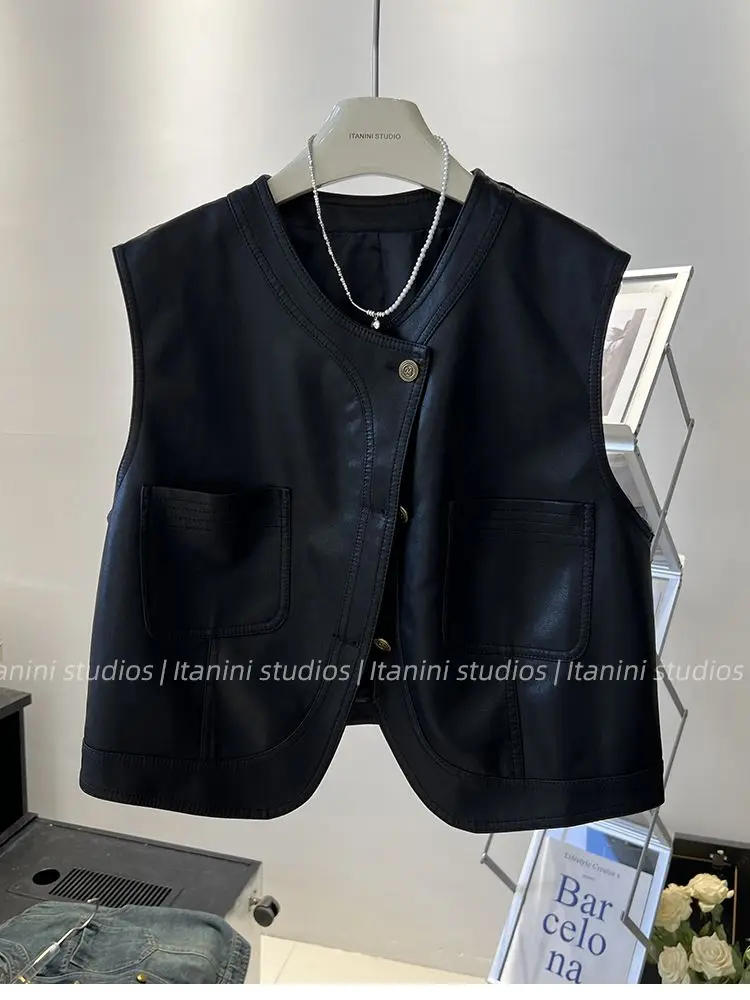 Description Picture 2 of itemNeploe Simple Loose Commuter Patchwork Korea Chic Vest Leather Streetwear Goth Y2K Coat Moto Sleeveless Button Cute Moda Tank