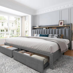 King Size Bed Frame with Storage and Headboard, Upholstered King Bed Frame with Storage, Grey King Bed Frame with 2 Draw