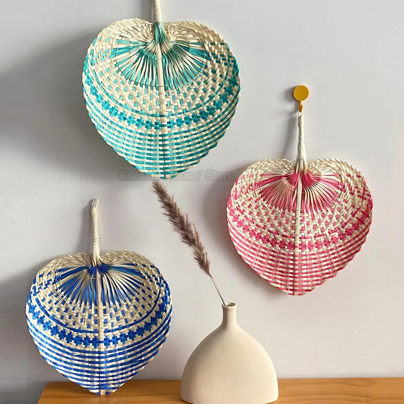 Description Picture 2 of itemEthnic Style Summer Cooling Handmade Natural Bamboo Wedding Party Hand Straw Weaving Hand-cranked Fan Art Craft Woven Home Decor