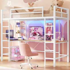 Twin Loft Bed with U-Shaped Desk Charging Station LED Lights Open Shelves Safety Guardrails Sturdy Steel Frame Easy Assembly