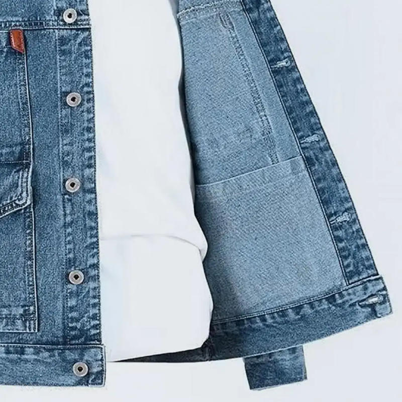 Description Picture 2 of itemTrendy Spring Coat Turn-down Collar Pure Color Autumn Denim Jacket Loose Outerwear Men Autumn Jacket for Dating