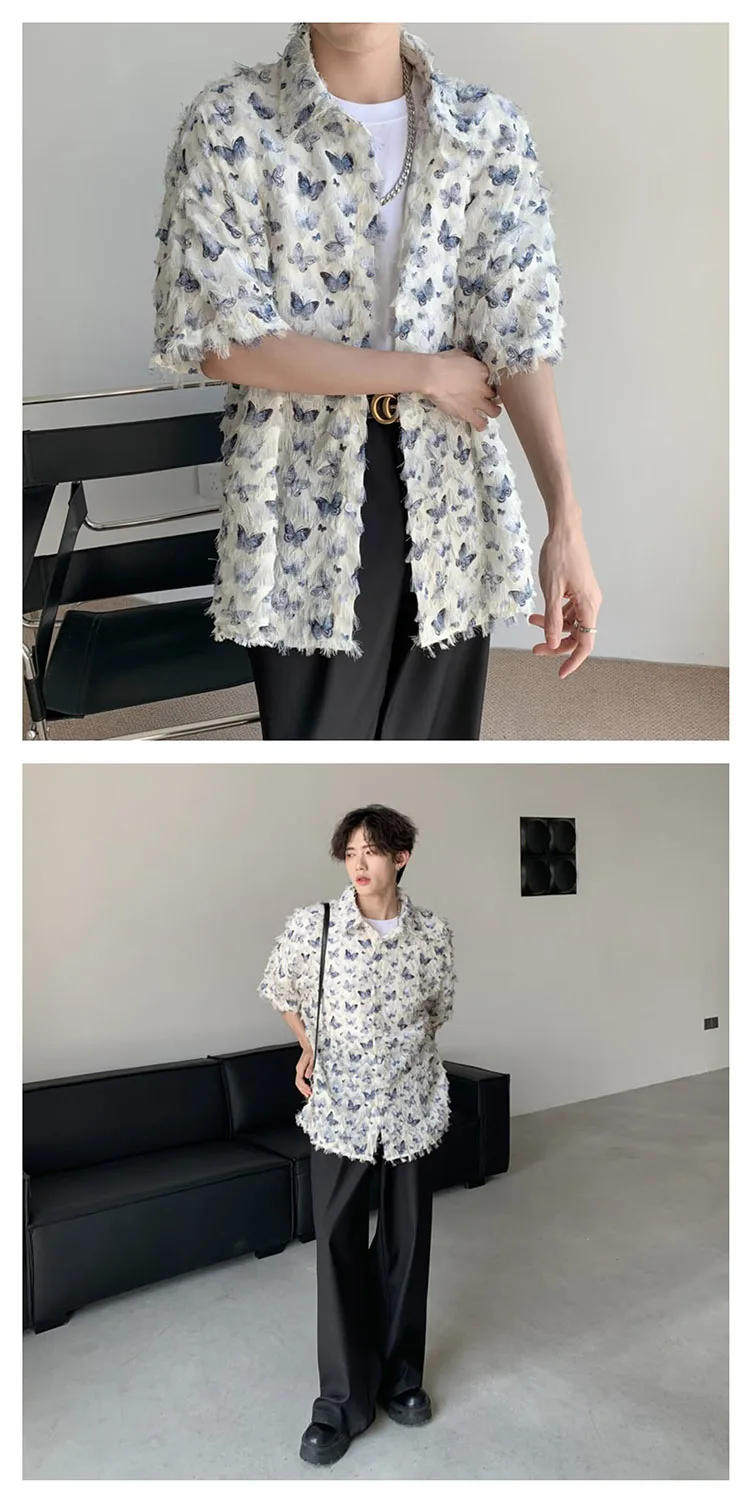 Description Picture 5 of itemAmerican Short-sleeved Shirt Men Women Vintage Butterfly Print Loose T-shirt Summer Thin Casual Couple Tops Fringed Lapel Shirt