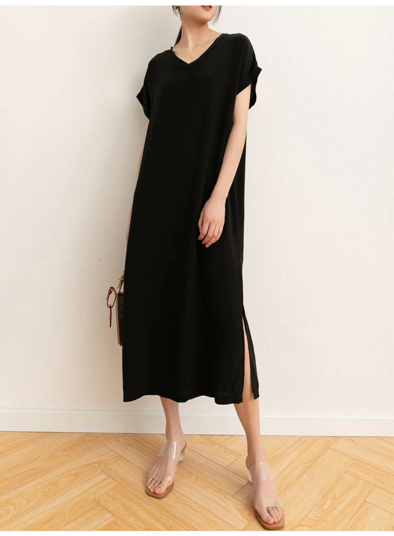 Description Picture 3 of itemWomen 100% Mulberry Silk 19 momme Thick Crepe Silk Midi Dress V neck Short Sleeve Side Slit Long Dress Office Lady L XL MM112