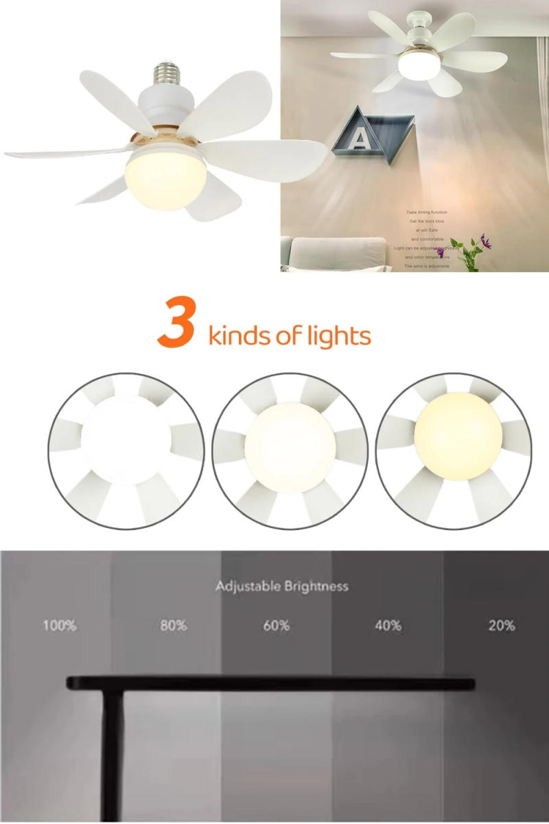 Description Picture 2 of itemE27 40W 52Cm Ceiling Fan With Led Light Remote Control White For Kitchen Bedroom Dining Room Patio