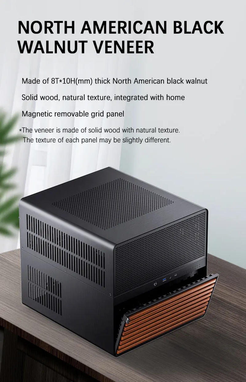 Description Picture 6 of itemJONSBO N5 NAS Case supports ITX/M-ATX/ATX/E-ATX motherboards ATX PSU Use North American walnut solid wood supports Water cooling