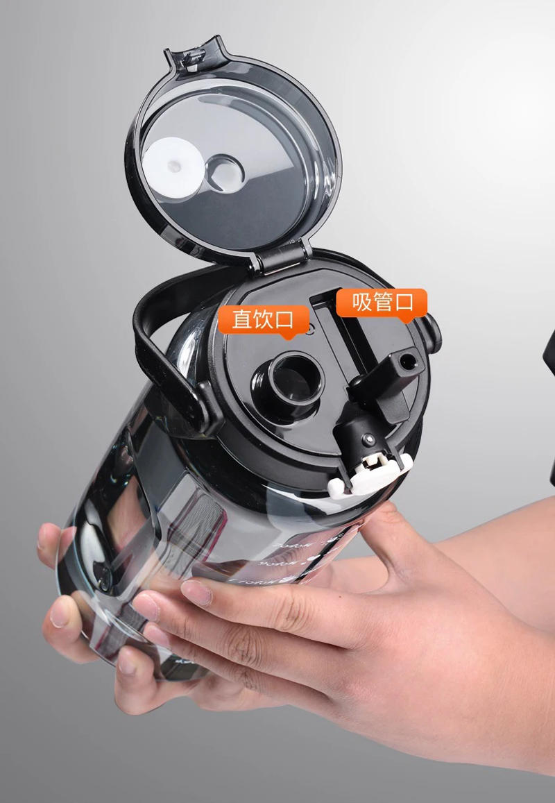 Description Picture 4 of item1.5/2 Liter Sport Straw Water Bottle with Time Scale Plastic Summer Cold Juice Water Cup Large Capacity Portable Water Bottles