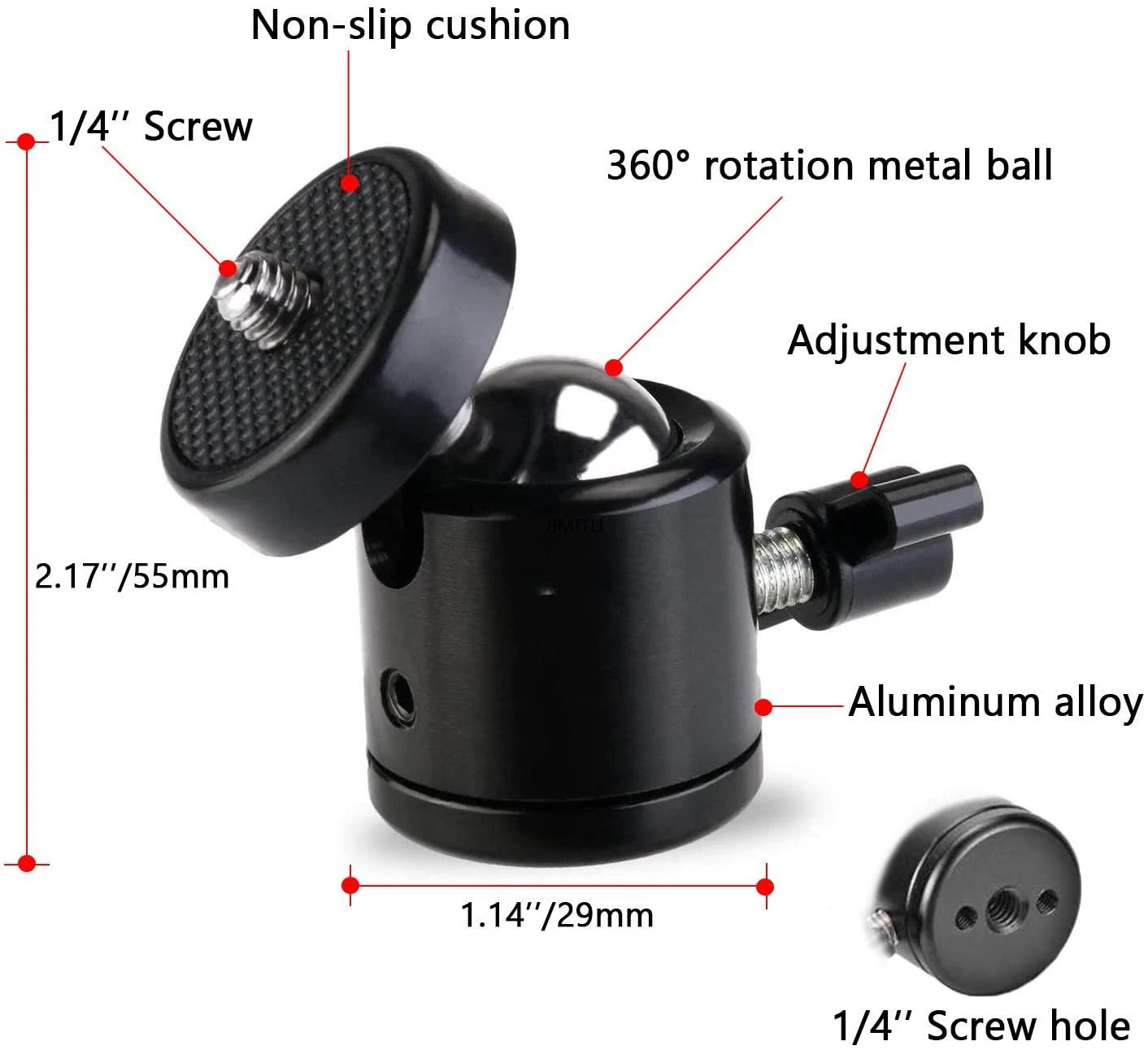 Description Picture 3 of item1/4" Metal Ball Head Screw Tripod Mount 360 Rotating Mount Base Adapter for DSLR Camera Tripod Monopod Camcorder Light Stand