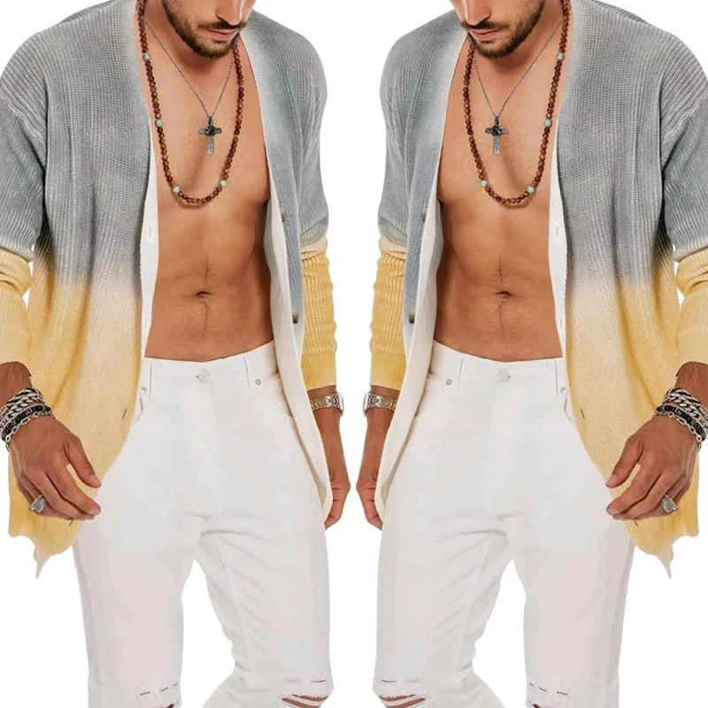 Description Picture 4 of item2024Spring Autumn Men's Trench Coats 3D Gradient Print Waffle Trench Jacket Men Casual Loose Relaxed Breathable Mid Length Coats