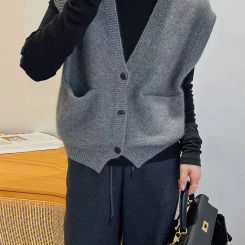 Knitted Cardigan Vest 2025 Autumn Lazy Style Women's Solid Sleeveless V-neck Single Breasted Pocket Sweater Female Knitwear Tank
