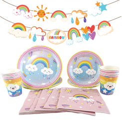 Rainbow Party Decoration Disposable Tableware Paper Plates Cups Napkins Banner Girls Rainbow Theme Birthday Party Supplies