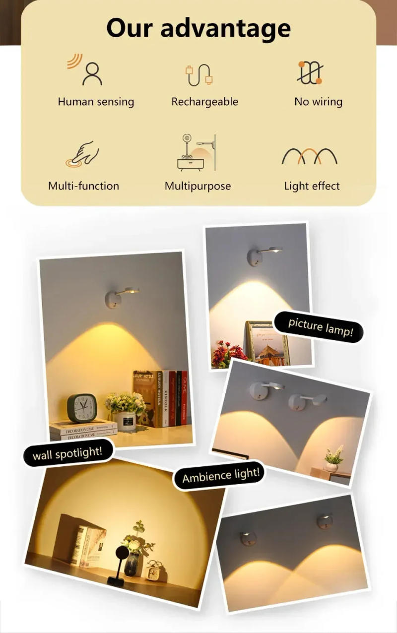 Description Picture 3 of itemLED Sensor Night Light Bedroom Corridor Gallery Wall Light Black White Simple Tri-colour Adjustable Rechargeable Desk Lamp