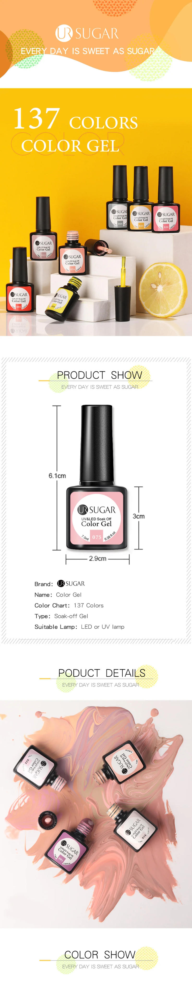 Description Picture 2 of itemUR SUGAR 7.5ml Rose Glitter Solid Color Gel Nail Polish Jelly Nude Pink Semi Permanent DIY Nail Art UV LED Soak Off Gel