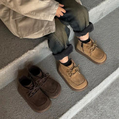 Genuine leather children's shoes winter style boys plush warm short boots anti slip frosted girls' soft soled boots Comfortable