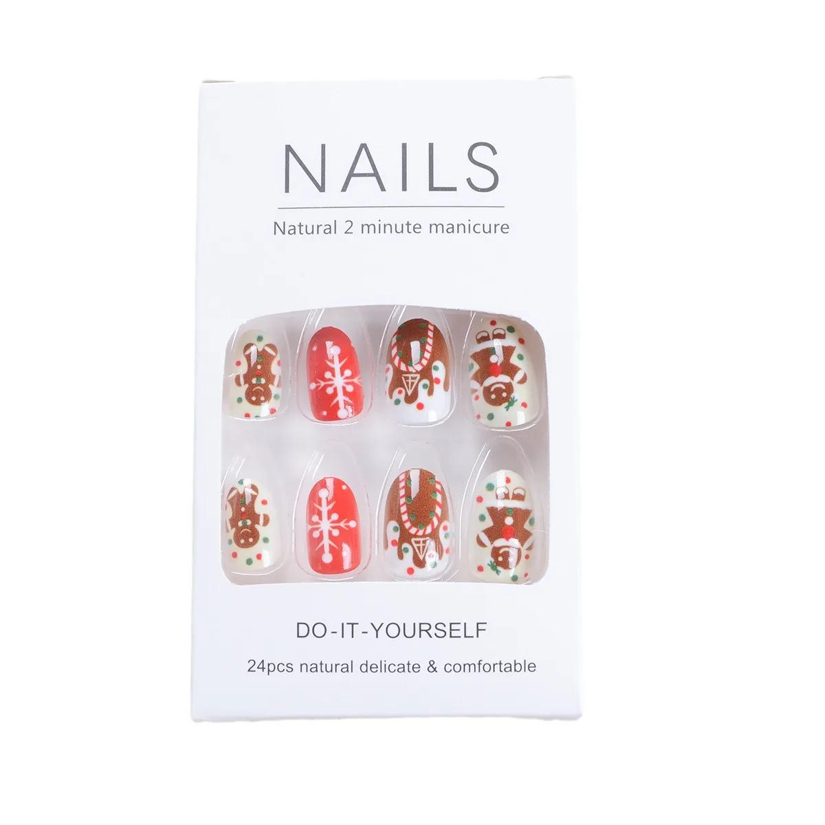 Description Picture 4 of item24Pcs Festive Cartoon Press-On Nails Set Oval Glossy Red&White Fake Nail Tips Christmas Gingerbread,Snowflake&Candy False Nail
