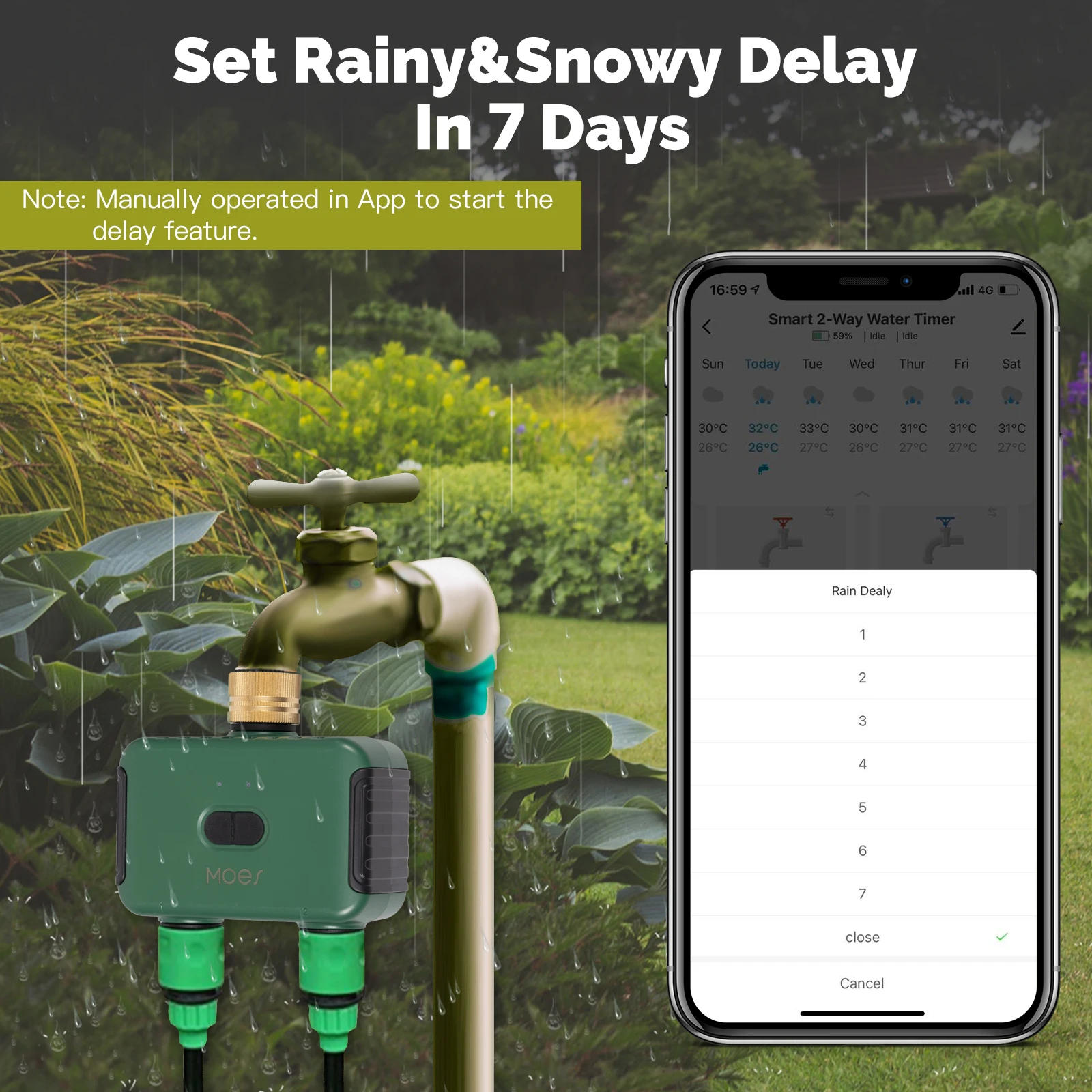 Description Picture 5 of itemMOES Tuya Bluetooth Water Timer 2-Outlet Valve Sprinkler Filter Washer Smart App Control Auto Programmable Controller Rain Delay