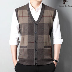 New Men's Checkered Woolen Sweater Vest Man V-neck Knitted Waistcoat Cardigan Jacket