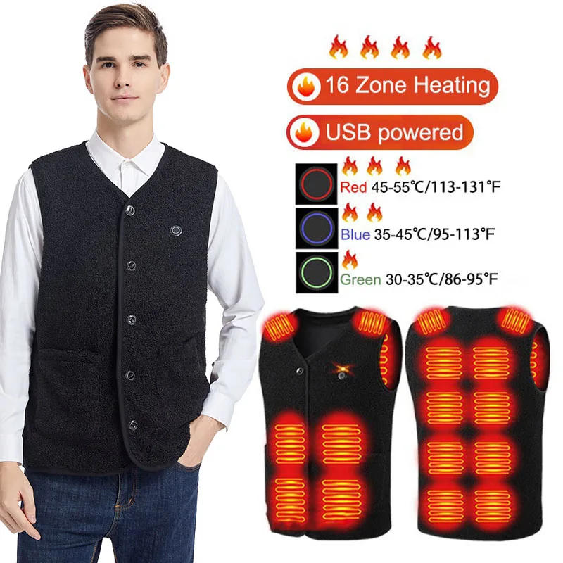 Description Picture 3 of item16 Areas Polar Fleece Heated Vest Winter USB Infrared Thermal Jacket Unisex Oversized M-4XL Electric Warm Vest Hiking Camping