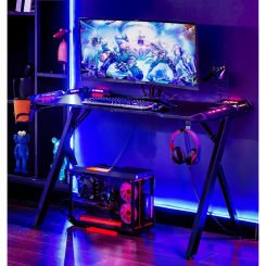 Gaming Desk with LED Lights, RGB Gaming Computer Table with Carbon Fibre Surface, LED Home Office Desk with Remote Control